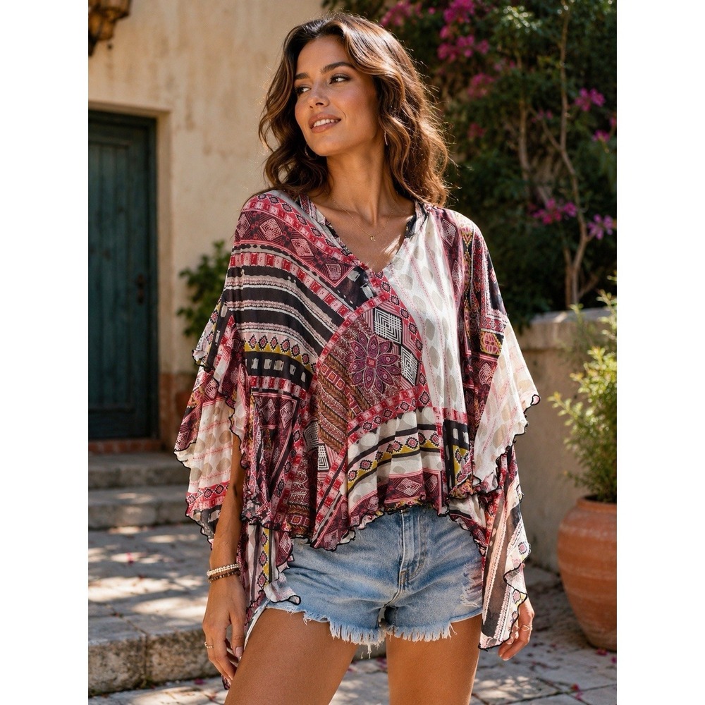Ivy Jane Patchwork Boho Poncho Top S Flowy Kimono Sleeve Artsy Festival AA20